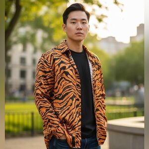 Modern Hero Tiger Print Button Up Shirt Orange Black Statement Top large